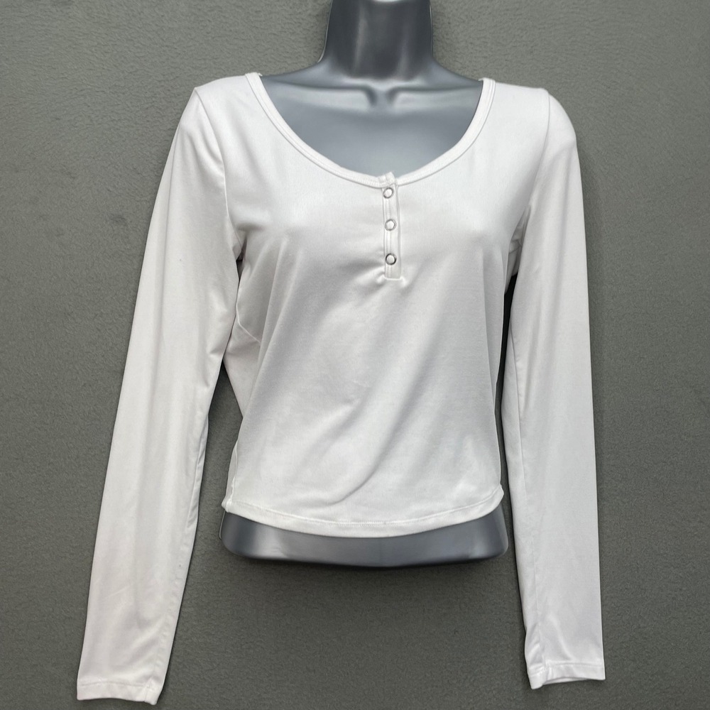 Hollister Women Henley Top White Jersey Medium Long Sleeve Minimalist Basic
